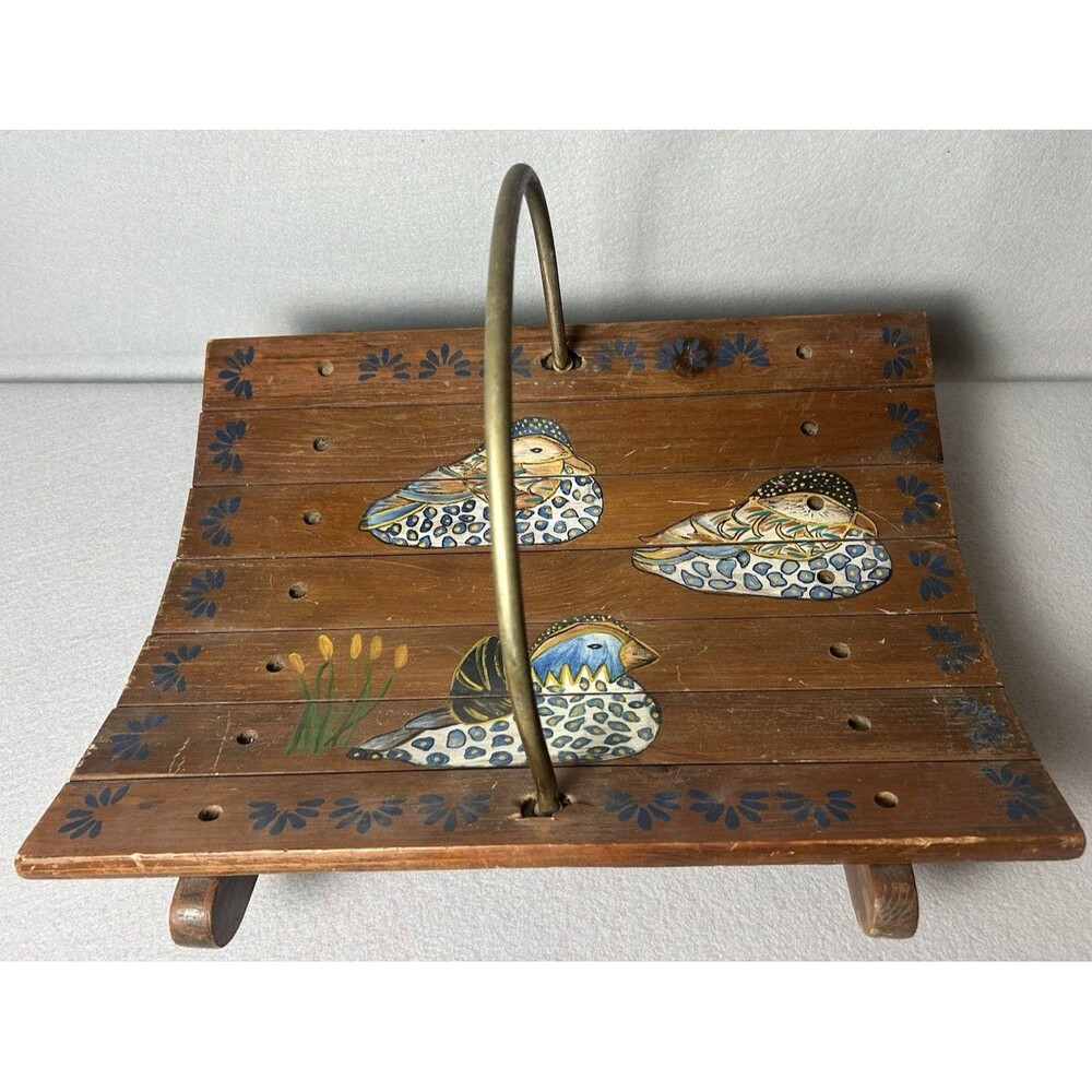VTG Handmade Hand Painted Mallard Duck‎ Magazine Fireplace Basket Metal Handle